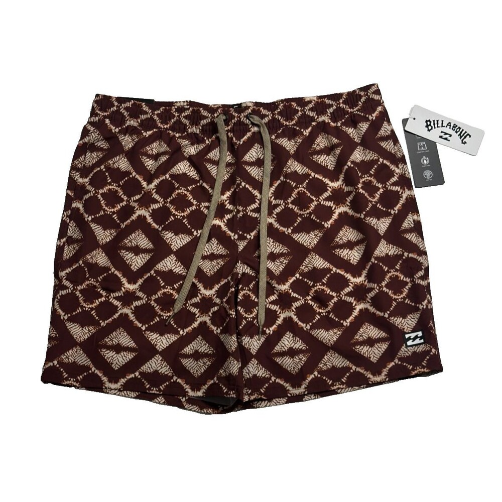 Billabong Mens Large Board Shorts Brown Geometric Print Swim Trunks NWT $70 MSRP